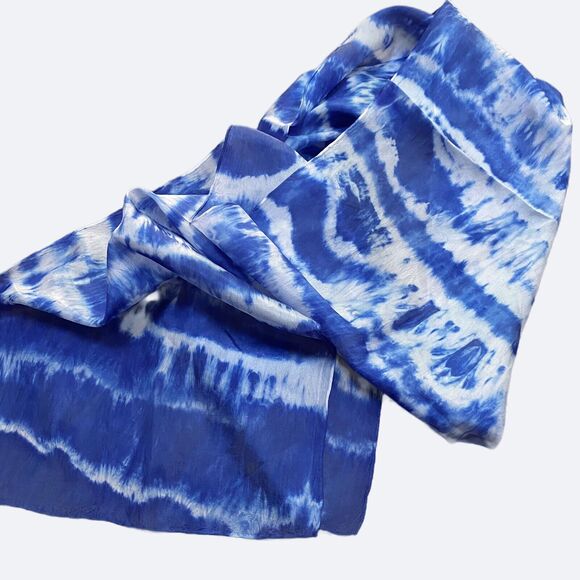 Tie Dye Silk Scarf Blue White Abstract Boho Festival Rectangle Artisan Handmade - Picture 2 of 5